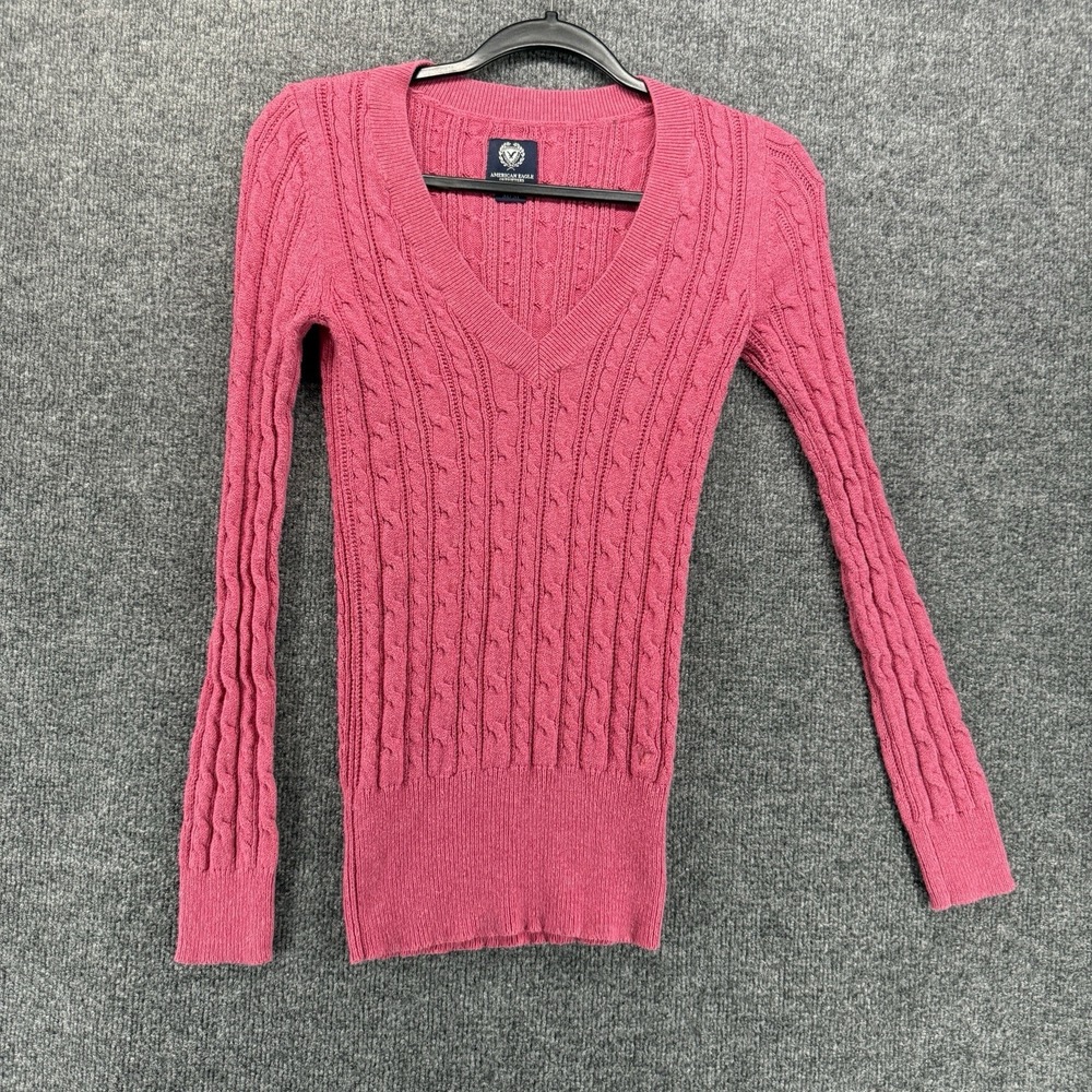 American Eagle 90s Sweater Womens M Pink V-Neck Pullover Fisherman Classic Prep